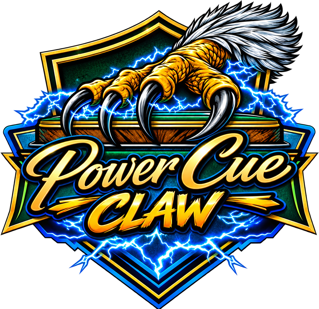 Power Cue Claw Logo with eagle claw, lightning bolts, and pool table rail